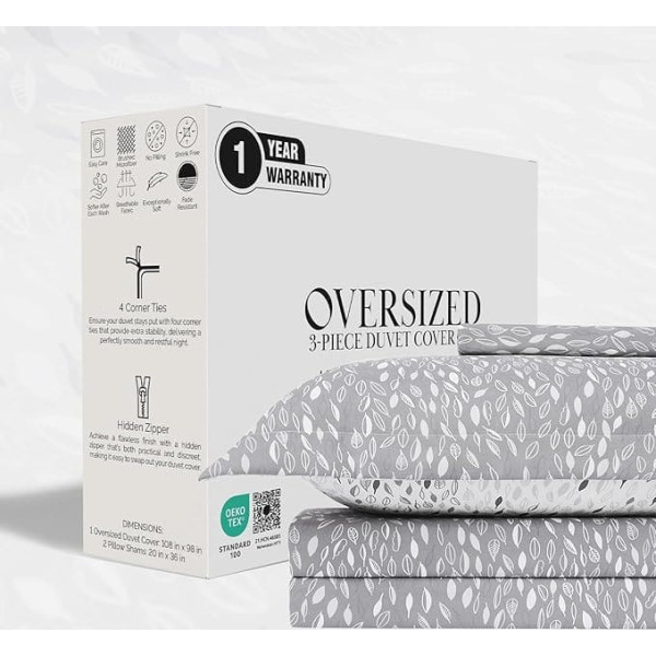 Southshore Fine Living, Inc. Botanical Leaves Collection - Premium Quality, Soft, Wrinkle Resistant, Fade and Stain Resistant, Easy Care Oversized Duvet Cover Set, King/California King, Grey