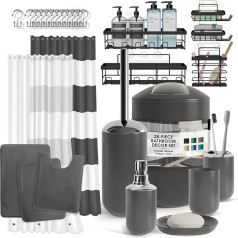 Clara Clark Bathroom Accessories Set - 28 Piece Bathroom Set with Adhesive Corner Shower Caddy Hanging Bathroom Sets with Shower Curtain and Rugs, Grey Shower Curtain Set with
