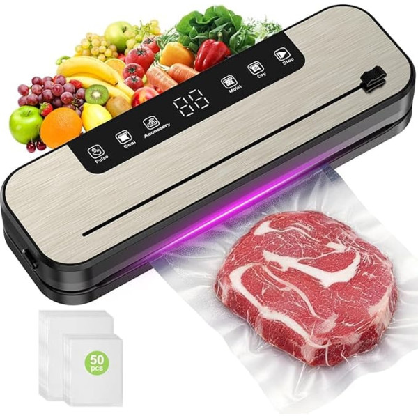 SHINER Vacuum Sealer 6-in-1 Vacuum Sealer for Dry Moist Fresh Food, Compact, Visible Digital Display, Foil Sealer for Food Contains 50 Vacuum Bags and Hose