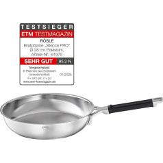 RÖSLE Silence Pro Frying Pan, High-Quality Stainless Steel Pan with Silicone Handle, 28 cm, 18/10 Stainless Steel, Suitable for Induction Cookers, Dishwasher Safe, Silver/Black
