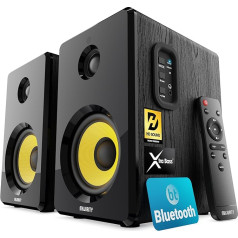 MAJORITY D40X Active Shelf Speaker, 70 W 2.0 Yellow Kevlar Cone Monitor Speaker, Studio Monitor with Bluetooth, Bookshelf HiFi Speakers with Optical, RCA, USB AUX and Includes Remote Control