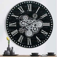 Lafocuse Black Large Wall Clock with Movable Gears, Industrial Steampunk XXL Wall Clock Wood, Vintage Retro Decoration for Kitchen, Living Room, Bar, 57 cm