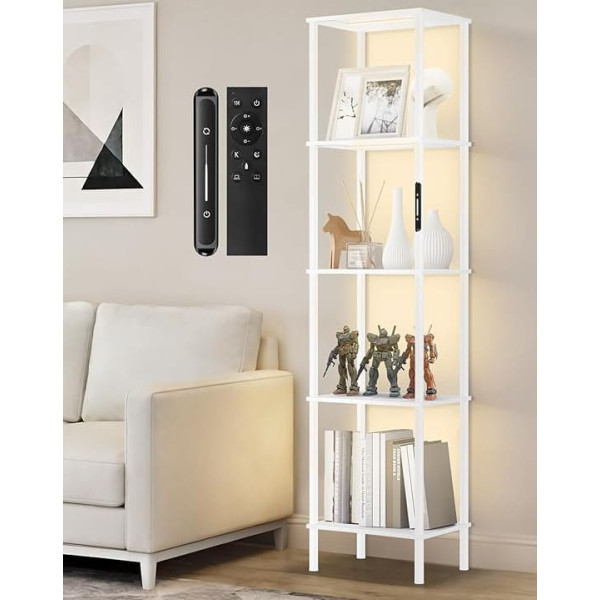 Floor Lamp with Shelf, LED Dimmable, 3 Colour Temperatures, Touch & Remote Control, Bookcase with Light, Wooden Standing Shelf, Modern Design for Living Room, Bedroom, Office (White)