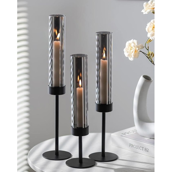 Romadedi Candle Holder Taper Candle with Glass Cylinder Black: Set of 3 Candle Holders Smoked Glass for Taper Candles Table Decoration Living Room Decoration Taper Candle Holder Glass Metal for