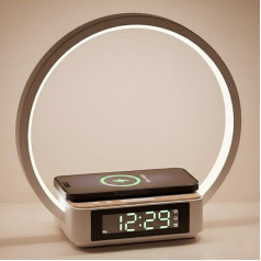 Alarm Clock, Bedside Lamp with 15 W Wireless Charging Function, Dimmable Touch Table Lamp with Night Light, USB Connection, 4 Levels Brightness, Table Lamp for Bedroom, Living Room, Office