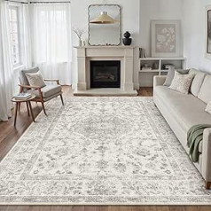 Living Room Rug, 200 x 300 cm, Washable Vintage Grey Rug for Bedroom, Short Pile, Non-Slip, Soft, Bohemian, Large Retro Carpet for Kitchen, Dining Room, Bedroom, Office, Living Room