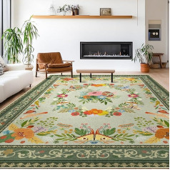 Washable Living Room Rug, 200 x 300 cm, Boho Short Pile Rug, Large Bedroom, Oriental, Vintage, Soft, Non-Slip Design for Bedroom, Dining Room, Kitchen, Flower Green