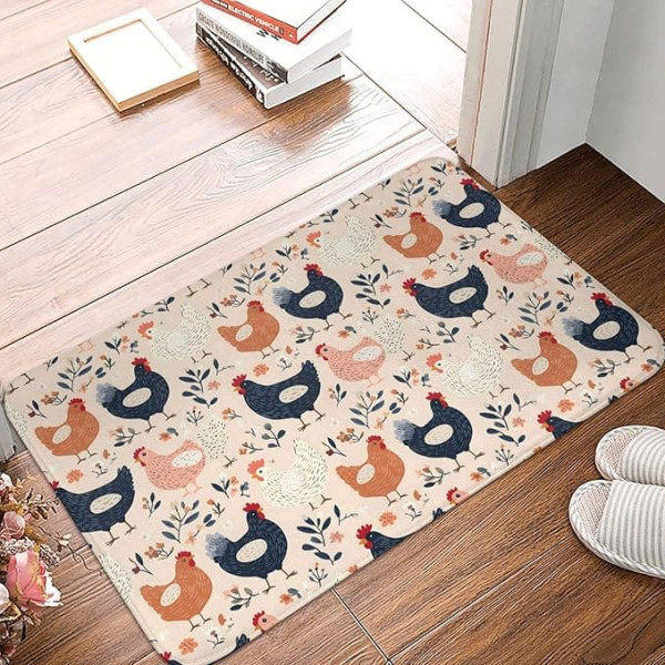 Fußmatte für den Innen- und Außenbereich, mit Blumen-Huhn-Druck, Küchenteppich, Matten für Boden, Badematte für Badezimmer, waschbar, dünn, Badezimmerteppich, passend unter die Tür, 40,6 x 61