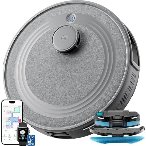 LEFANT M2 Vacuum Cleaner Robot with No-Go Zones, Multistage Mapping, Robot Vacuum Cleaner with Wiping Function 140 Min, 6000 Pa Suction and Mop Robot for Pet Hair, Carpets and Hard Floors, Grey