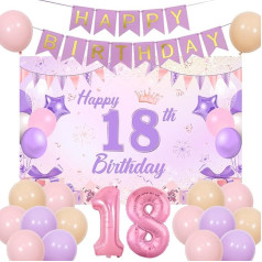 Sursurprise Pink and Purple 18th Birthday Decorations for Girls, Pink and Purple Happy 18th Birthday Background Banner, Number 18 Balloon, Pink and Purple 18 Years Old Birthday Party Supplies