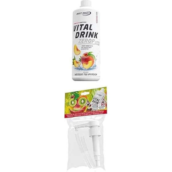 Best Body Nutrition Vital Drink ZEROP®, White Tea Peach + Dosing Pump, Original Drink Concentrate, Syrup, Sugar-Free, 1:80 Makes 80 litres of Ready-to-Drink Beverage, 1000 ml