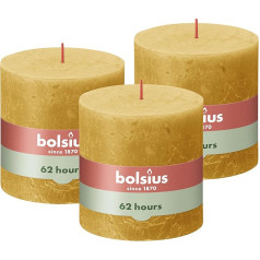 Bolsius Rustic Pillar Candle XXL, Ochre Yellow, Pack of 3, 10 x 10 cm, Decorative Household Candles, Length Burning Time 62 Hours, Unscented, Contains Natural Plant Wax, Without Palm Oil