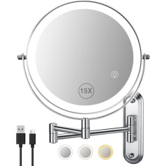 Wall Mirror with Lights - 15x Magnification Extended Arm Mirror, 3 Colours Lights & 360° Rotating Vanity Mirror, 8.5 Inch Bathroom Mirror for Wall Mounting - Chrome
