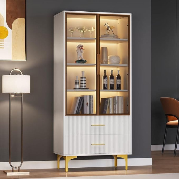 BTM Elegant Glass Display Cabinet Two Doors 70 x 35 x 150 cm Glass Doors, Golden Legs, Movable Shelves, App LED Light, Cupboard, Tall Cabinet, Standing Display Cabinet