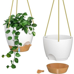 ZMTECH 25cm Hanging Basket with Watering Lip, Self Watering Basket with Drainage Holes and Removable Saucer, Plastic Basket for Indoor Plants (White, Set of 2)