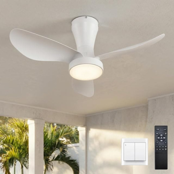 LJX 82 cm Ceiling Fan with Lighting and Remote Control, Quiet DC Ceiling Fan with Light, Energy-Saving, Dimmable, Reversible, Modern Design for Bedroom, Kitchen, Living Room, White
