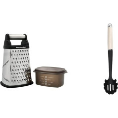 KitchenAid Square Grater, 4 Sided Stainless Steel Cheese Grater with Slicer, Grater and Zesteur & Pasta Serving Spoon, Heat Resistant, Non-Stick Coating, Spaghetti Spoon - Almond Cream