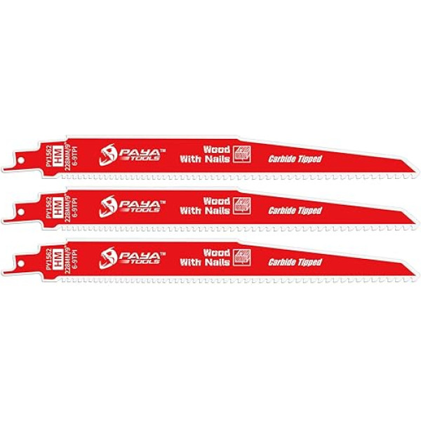 PAYA Carbide Reciprocating Saw Blades (Tungsten Carbide) for Wood and Nail Wood - High Performance Saw Blade for Demanding Applications (228 mm, 6-9 Teeth per Inch, 3 Pack) PY1562