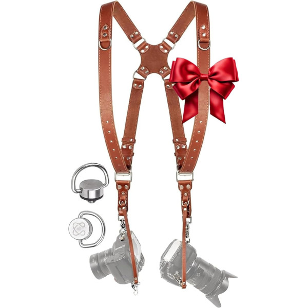 C Coiro Kameragurt für 2 Kameras mit doppeltem Tragegurt aus Leder und verstellbarem Schultergurt Camera Dual Shoulder