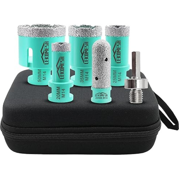 Diamond Tile Drill Bit Kit - 6 Pieces (20/25/35/50 mm + 20 mm Diamond Finger Mill + Adapter) for Porcelain Ceramic Tiles Marble Granite M14 Thread