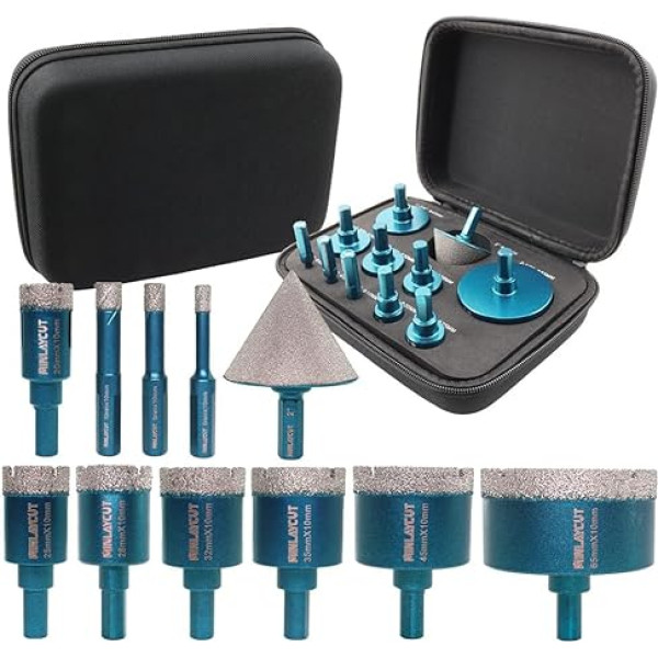 Diamond Tile Drill Bit Set 6/8/10/20/25/28/32/35/45/65 mm 11 Pieces Diamond Hole Saw with 50 mm Finger Mill Adapter for Porcelain Tile Granite Marble Dry Drilling