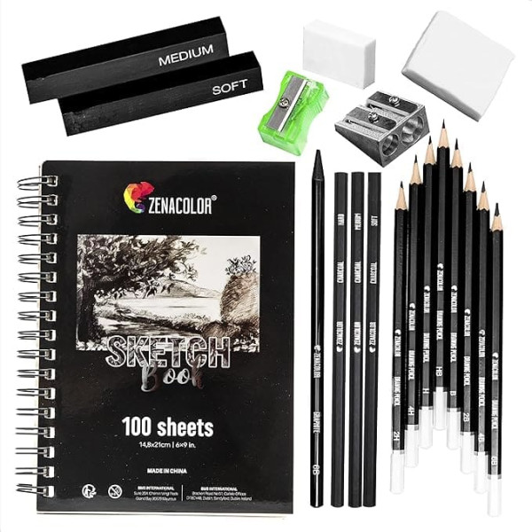 Zenacolor - Drawing set - 19 accessories: 8 Pencils, 3 Charcoal Pencils, 1 Graphite Pen, 2 Charcoal Sticks, 100 Page Sketchbook - Beginners Or Professionals