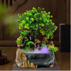 Indoor Fountain with LED Lighting, Desktop Bonsai Ornaments, Green Plant, Indoor Fountain, Table Fountain, Waterfall with Mist, Feng Shui Waterfall Humidifier for Living Room, Bedroom, Office