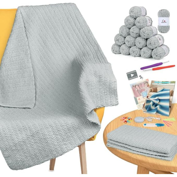 Aeelike Chenille Wool Blanket Crochet Set for Beginners, Simple Crochet Set with Crochet Hooks, Soft Chenille Yarn, Detailed Instructions and Crochet Accessories, Complete Beginner Crochet Set