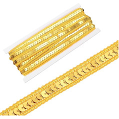QUARKZMAN 0,5 Inch x 10 Yards Pailletten Band Pailletten Borte Flaches Glitzerband Für Bastelarbeiten Verzierungen Kostümhüte Kleider Schuhe Haarbänder Nähen Gold
