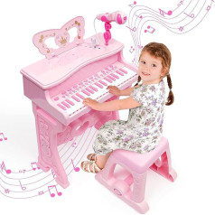 Children's Piano Electronic Musical Instrument with 37 Keys for Girls, Gift, Educational Music Toy with Removable Legs, Microphone, Multiple Music Modes, Light, Stool (Pink)