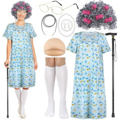 Grandma Costume Old Woman Women's Set with Smock Apron Grandma Dress Wig Grey Necklaces Glasses 8 Pieces Accessories Retro Ddr Style Dress Apron Pensioner Old Costume Women Ladies Carnival