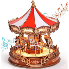 ROBOTIME 3D Puzzle Model Kit Adult Carousel Music Box with Light, Model Building Wooden Kit, Mechanical Wooden Puzzle Construction Kit, Gift, Adults, Children