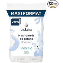 BIOLANE 12 Maxi Squares Cotton Pads - Baby - 100% Organic - 720 Cotton - For Sensitive Skin - Change & Toilet - From Birth - Made in France