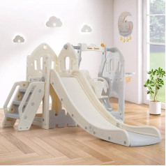 Klettergerüst Indoor Klettergerüst Multifunktionales Spielgerät Motorikspielzeug – 5-in-1 mit Rutsche, Schaukel & Basketballkorb, Spielhaus für Kinderzimmer (Grau) mit Stauraum