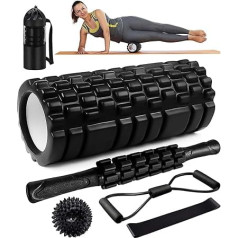 Fascia Roller, Qveetry 6-in-1 Foam Roller Fascia Roller Sets with Massage Roller Bar, Resistance Bands Strength Training, Massage Ball, Fitness Bands, 33 cm Foam Roller for Yoga Pilates Sports