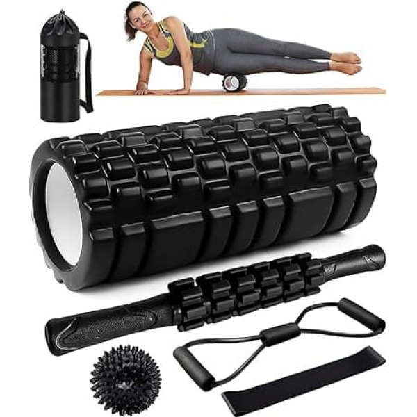 Fascia Roller, Qveetry 6-in-1 Foam Roller Fascia Roller Sets with Massage Roller Bar, Resistance Bands Strength Training, Massage Ball, Fitness Bands, 33 cm Foam Roller for Yoga Pilates Sports