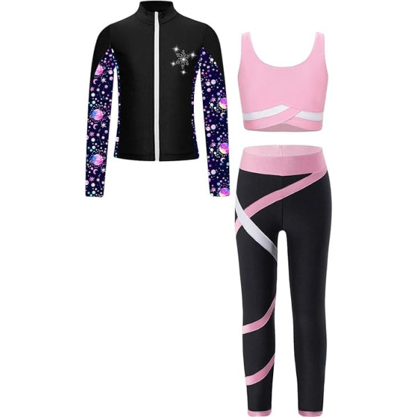 Girls' Children's Figure Skating Jackets Top Rhinestone Zip Long Sleeve and Tank Top Sports Leggings Jogging Suit Leotard 5-16 Years Pink 146-152
