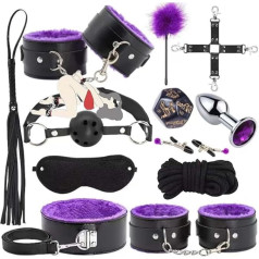 12-Teilig Schwarz Glänzend Leder Fitness-Kit (Lila Plüschfutterung) - Zielgerichtete Unterstützung für Fortgeschrittenes Yoga und Duo-Trainings