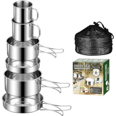 Camping-Kochgeschirr-Set aus Edelstahl mit faltbaren Töpfen und Pfanne für Outdoor-Rucksackreisen, tragbares leichtes Küchenset für Wandern und Picknicks, 6-teilig