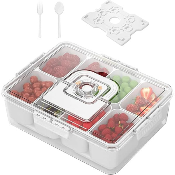 Snack Box Container - Container with Ice Pack - Reusable Serving Plate with Eight Compartments for Picnic School Charcuterie Sweets Camping and Outdoor Lunch