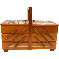 Dekohelden24 High Quality Sewing Box Veneer Wood with 7 Compartments and Fabric Cover Mahogany Needle Motif 42 x 20 x 21 cm