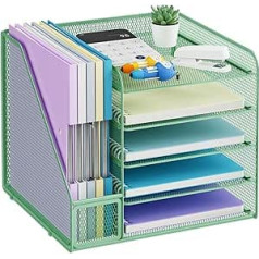 Marbrasse Desk Organiser and Office Accessories, 5-Tier Letter Tray Organiser with Letter Stand, Mesh Office Organiser for Desk, Desk Accessories & Shelf (Green)