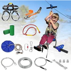 CTSC Family Garden Toy Ropeway Set, Children's Outdoor Cable Car, 32 m, with Stainless Steel Spring Brake, Trolley Pulley, Safety Belt, Colourful Fun Enjoyment (32 m Blue)
