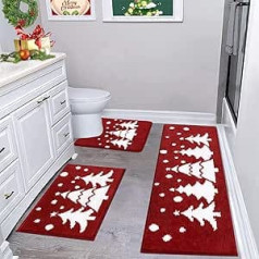 Christmas Tree Bath Mat Set, 3 Pieces, Bathroom Rug, Bath Mat Set, Non-Slip, Water-Absorbent, Snowflakes, Toilet Mat, Machine Washable, Shower Mat, Red