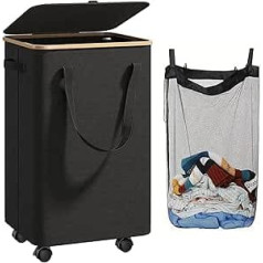 Laundry Basket with Lid, 70 L, Laundry Hamper with Removable Laundry Bag, Waterproof Oxford Fabric with Bamboo Frame, 4 Castors, Laundry Basket Suitable for Apartments, Dormitories, Caravans