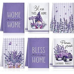 VitalCozy 6 Pieces Lavender Summer Kitchen Towel Set, Funny Housewife Farmhouse Rustic Bath Towel for Holiday Bathroom Gift 24 x 16 inches (Purple, Lavender)