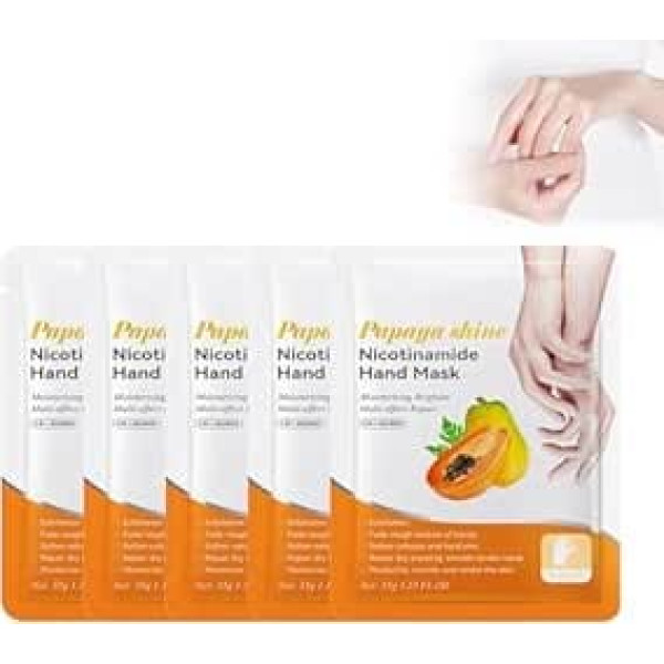 5 x hand masks, papaya hand mask, hand mask, moisturising gloves for hand care, nourishing regenerating exfoliating mask for dry ageing and cracked hands