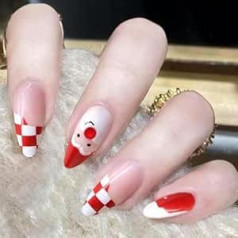 Weihnachtsmann-Nägel zum Aufdrücken – rote und weiße lange Mandel-Nägel zum Aufdrücken mit französischen Spitzen, niedlicher Winter-Look für Urlaub, Party, ABS, volle Abdeckung, zum Aufkleben für