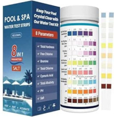 Pool Test Strips 8-in-1 for pH, Pack of 100, Accurate Test Strips for Pool, Spa, Sufficient Pool Tester for Salt (Salt Content 0-6000), Hardness, Total Alkalinity, Cyanuric Acid, Total Chlorine, Free