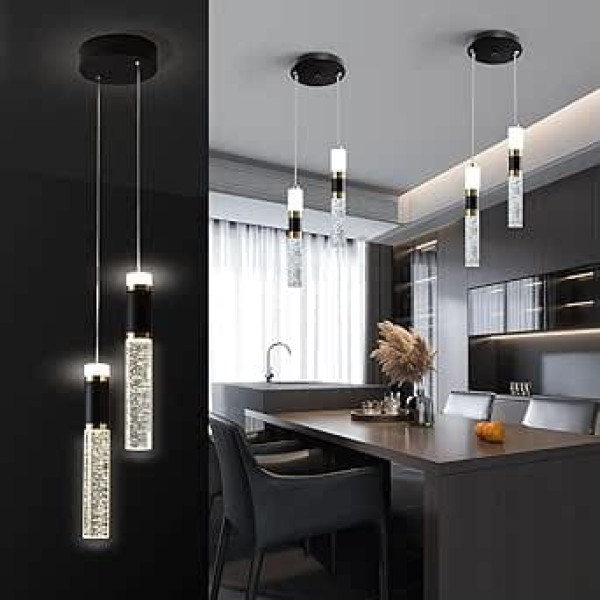 Modern Crystal Pendant Light, 3 Colours LED Dimmable Crystal Pendant Light, Height-Adjustable Black Gold Ceiling Hanging Pendant Light, for Kitchen Island, Bedroom, Dining Room
